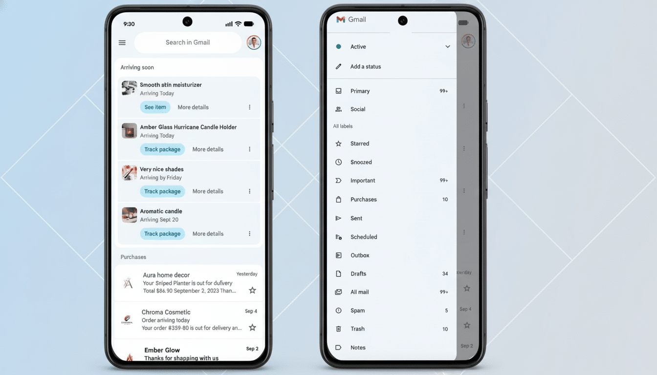 A 16: 9 aspect ratio image of two smartphone screens side -by-side, displaying Gmail interfaces. The left screen shows a Purchases section with packag