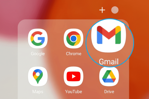 A smartphone screen showing various Google app icons, with the Gmail icon highlighted by a blue circle.