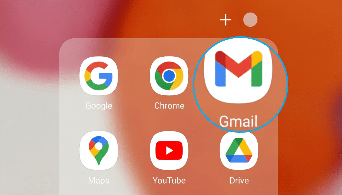 A smartphone screen showing various Google app icons, with the Gmail icon highlighted by a blue circle.
