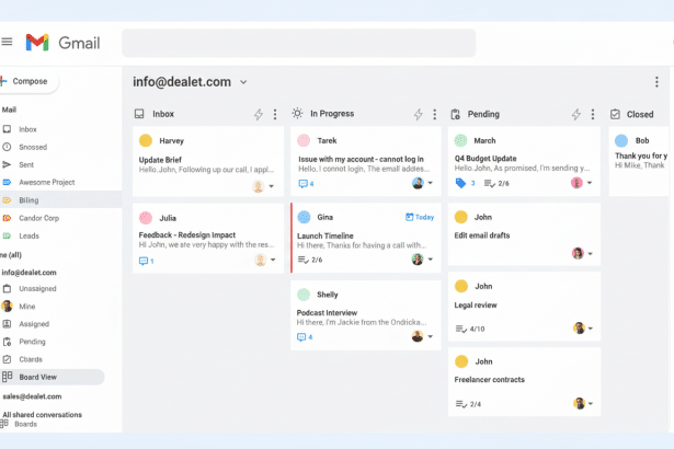 A professional screenshot of the Gmail interface displaying a Board View with emails categorized into Inbox , In Progress , Pending, and Closed columns. Each column contains cards representing different email threads with sender names and subject lines. Filename : gmailboard viewinterface .png