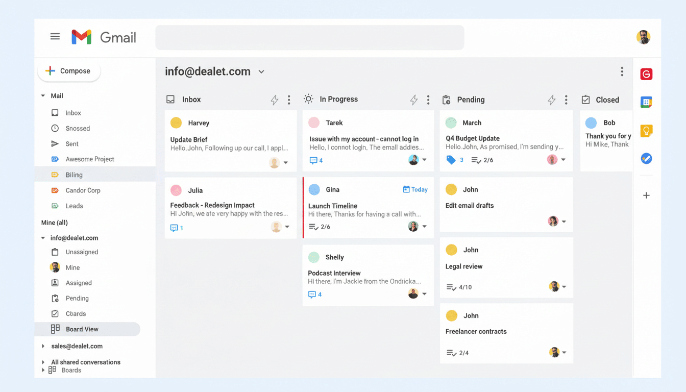A professional screenshot of the Gmail interface displaying a Board View with emails categorized into Inbox , In Progress , Pending, and Closed columns. Each column contains cards representing different email threads with sender names and subject lines. Filename : gmailboard viewinterface .png