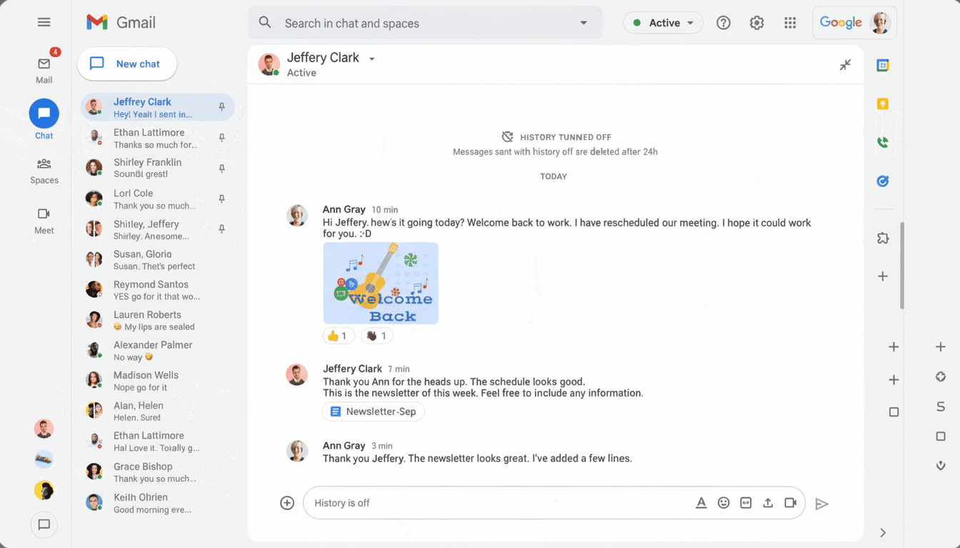 A professional screenshot of the Gmail interface showing a chat conversation with a Welcome Back message.