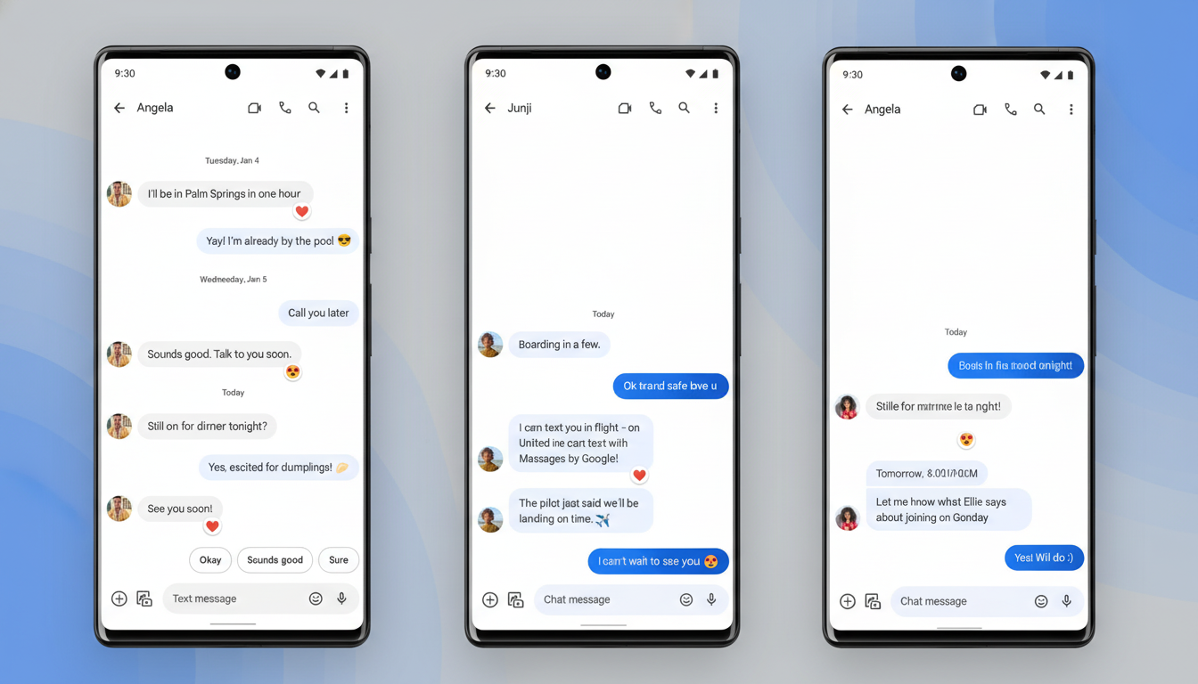 Three smartphone screens displaying messaging app interfaces. The left screen shows a conversation with Angela about dinner plans. The middle screen shows a conversation with Junji about boarding a flight. The right screen shows a Set reminder pop-up over a conversation with Natalie Romano.