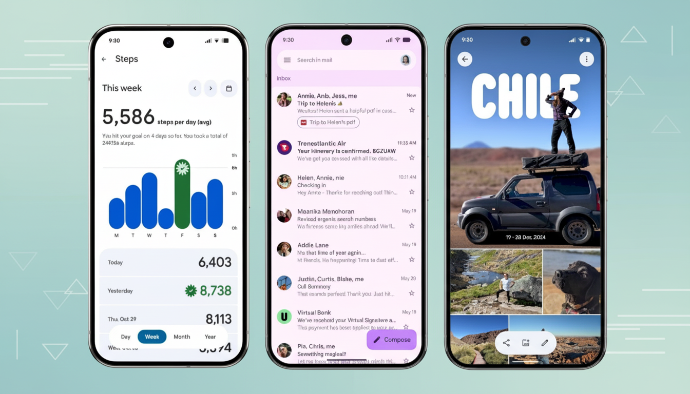 Three smartphones displaying different app interfaces. The left phone shows a fitness tracker app with step count data. The middle phone displays an email inbox. The right phone shows a travel photo album with images from Chile. The background is a professional flat design with soft patterns and gradients.