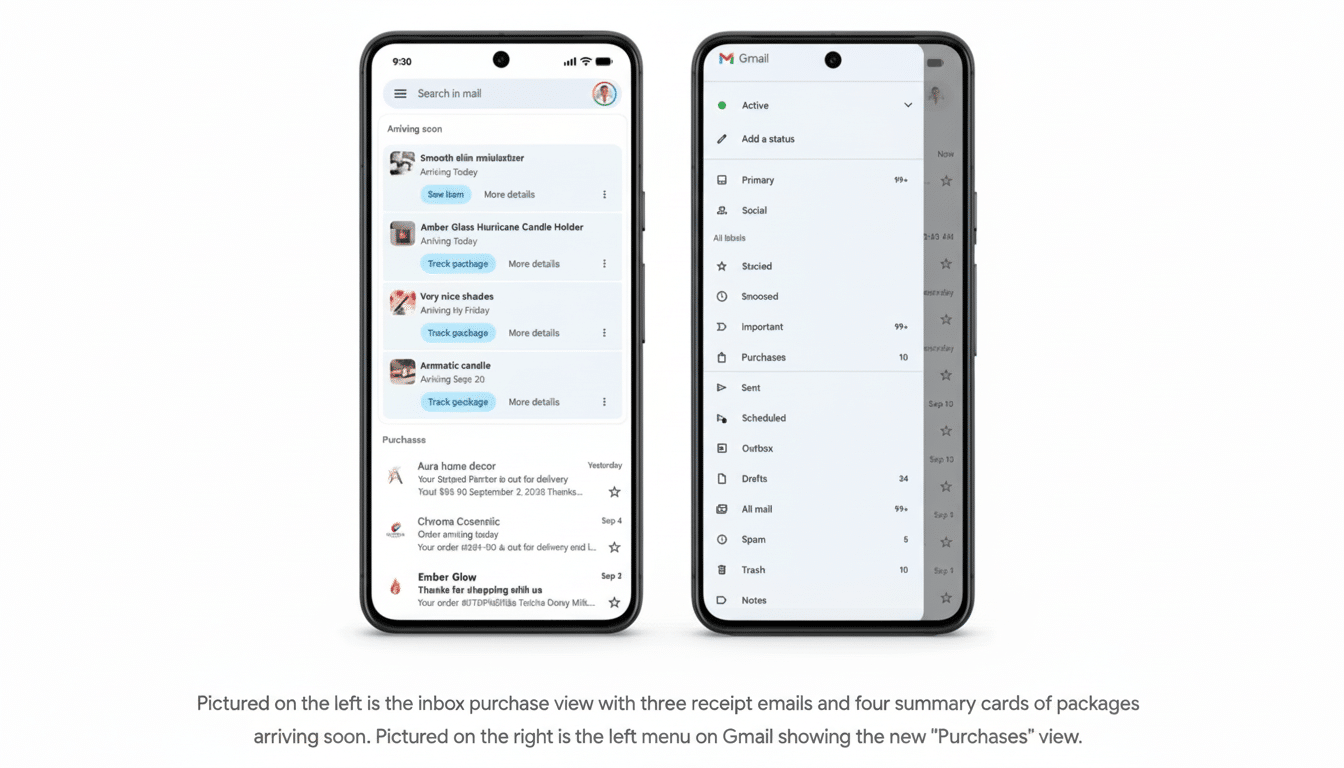 A 16: 9 aspect ratio image featuring two smartphones displaying mail interfaces. The left phone shows an inbox with package tracking information, whil