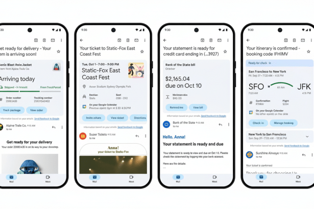 Four mobile phone screens displaying different email notifications from Google, including package delivery updates, event tickets, bank statements, an