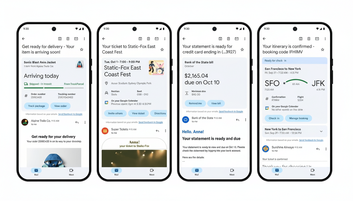 Four mobile phone screens displaying different email notifications from Google, including package delivery updates, event tickets, bank statements, an