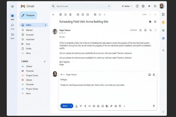 A screenshot of Gmail showing an email conversation titled Scheduling Field Visit : Acme Building Site . The sender is Roger Nelson, and the email discusses scheduling a visit to review electrical system installation.