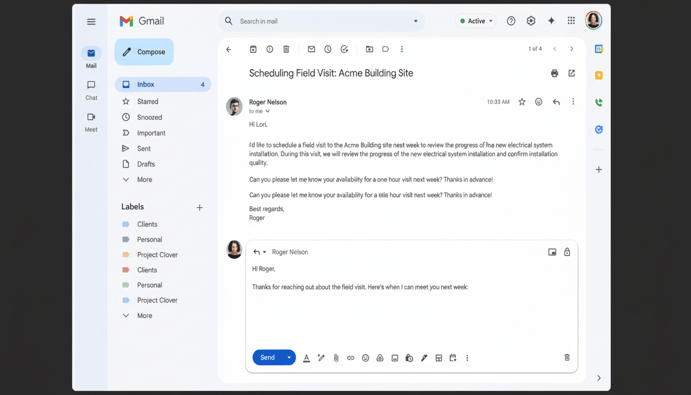 A screenshot of Gmail showing an email conversation titled Scheduling Field Visit : Acme Building Site . The sender is Roger Nelson, and the email discusses scheduling a visit to review electrical system installation.