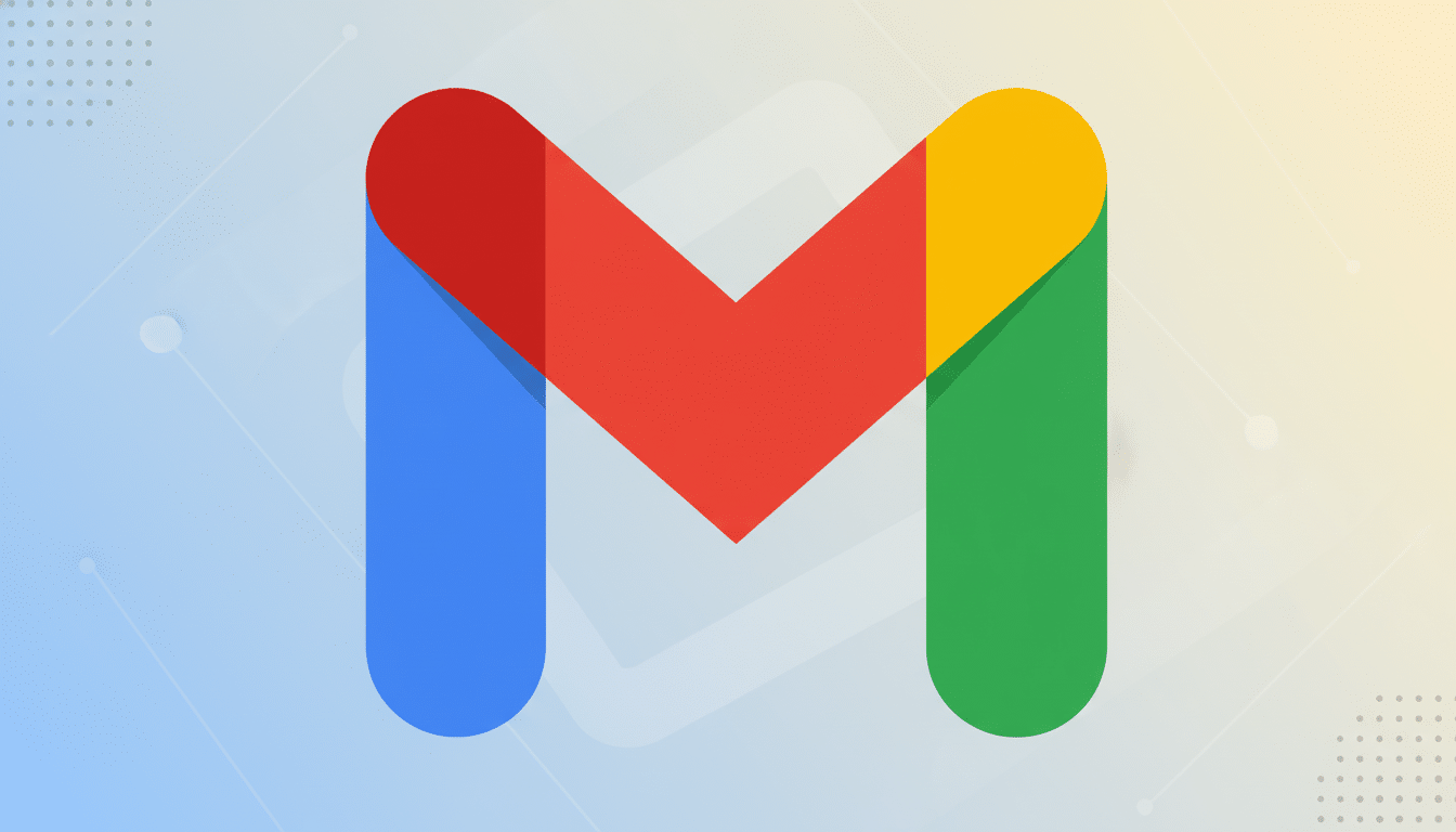The Gmail logo, a stylized 'M' made of red, blue , green, and yellow shapes , centered on a professional flat design background with a soft blue and yellow gradient and subtle geometric patterns. Filename : gmaillogo professional background.png