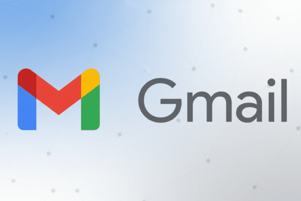 Gmail logo and word mark on a professional light blue gradient background with a subtle network pattern.