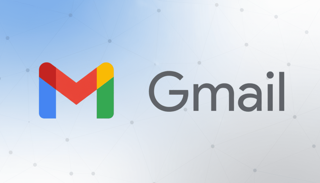 Gmail logo and word mark on a professional light blue gradient background with a subtle network pattern.