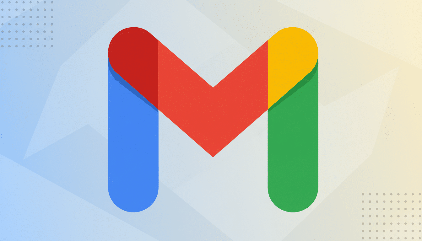 The Gmail logo, a colorful M shape , displayed on a professional 16:9 aspect ratio background with a subtle blue and yellow gradient and geometric patterns .