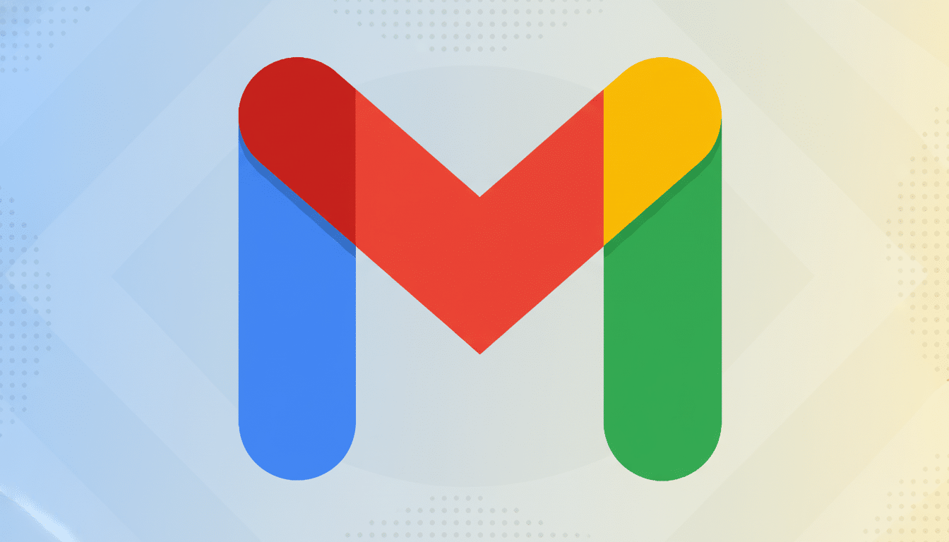 The Gmail logo, a colorful M shape , displayed on a professional 16:9 aspect ratio background with a subtle blue to yellow gradient and a soft pattern of dots and diagonal lines. Filename : gmaillogo professional background .png