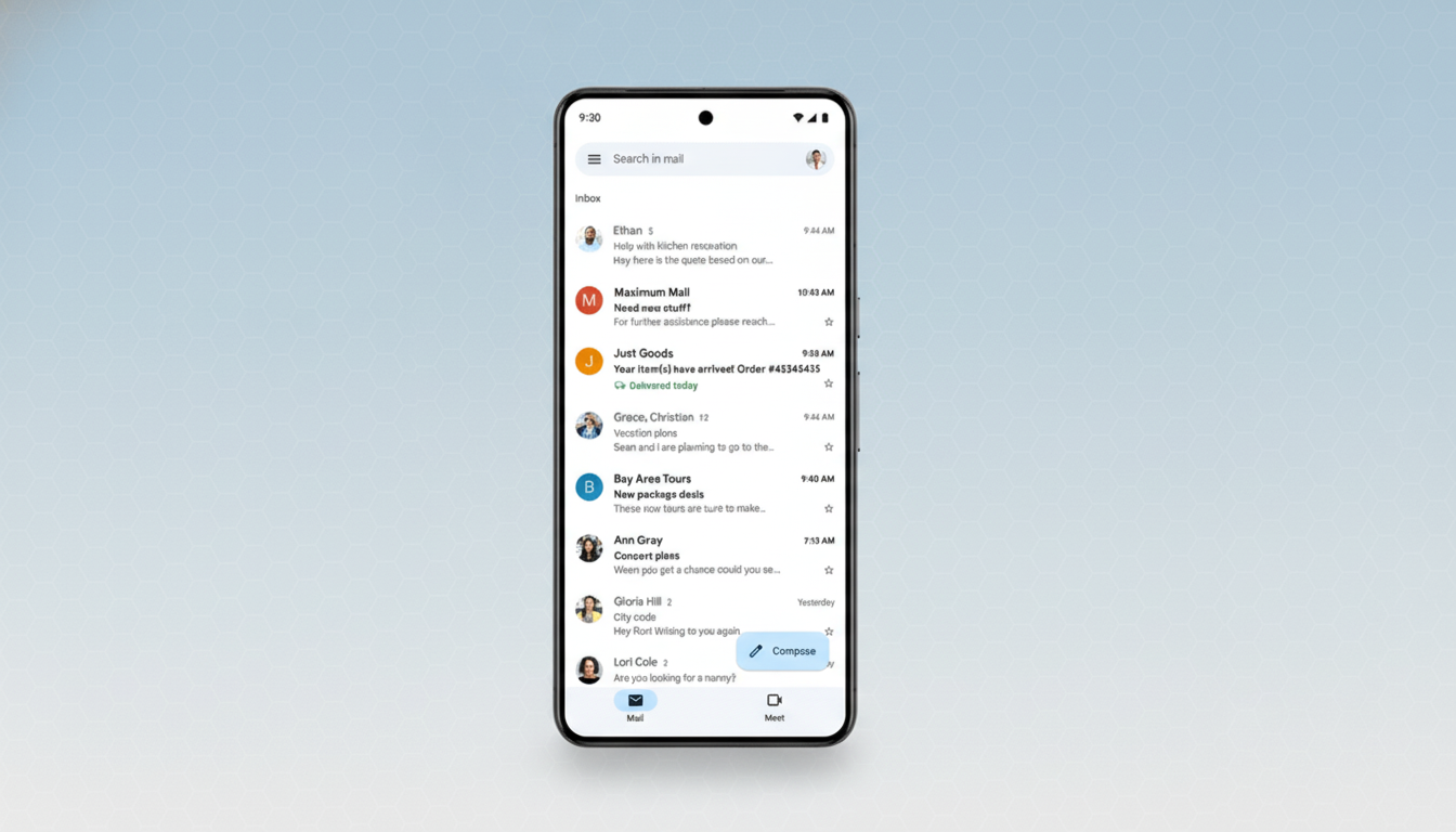 A smartphone displaying an email inbox, resized to a 16:9 aspect ratio with a professional flat design background featuring soft patterns.