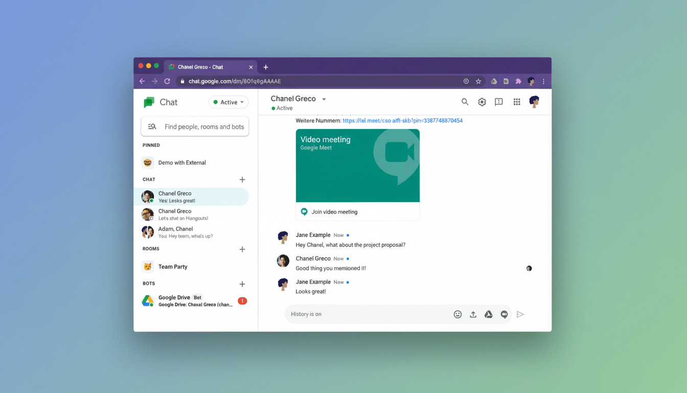 A professional, enhanced screenshot of the Google Chat interface in a browser window, displaying a conversation with Chan el Greco and a prompt to joi