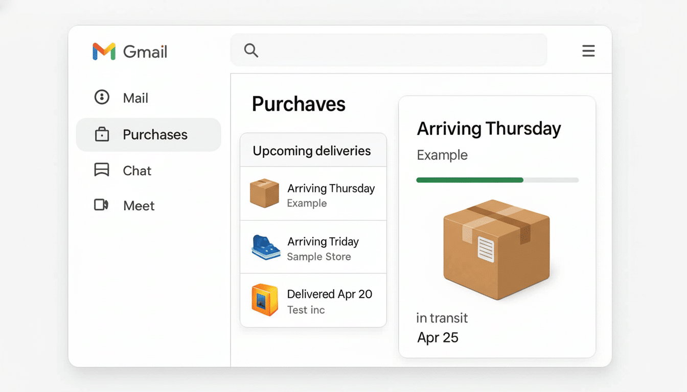 A screenshot of the Gmail Purchases tab, showing upcoming deliveries and a detailed view of a package arriving Thursday.