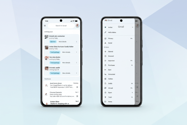 A professional image displaying two smartphones with a Gmail interface. The left phone shows an inbox with package tracking information, while the rig