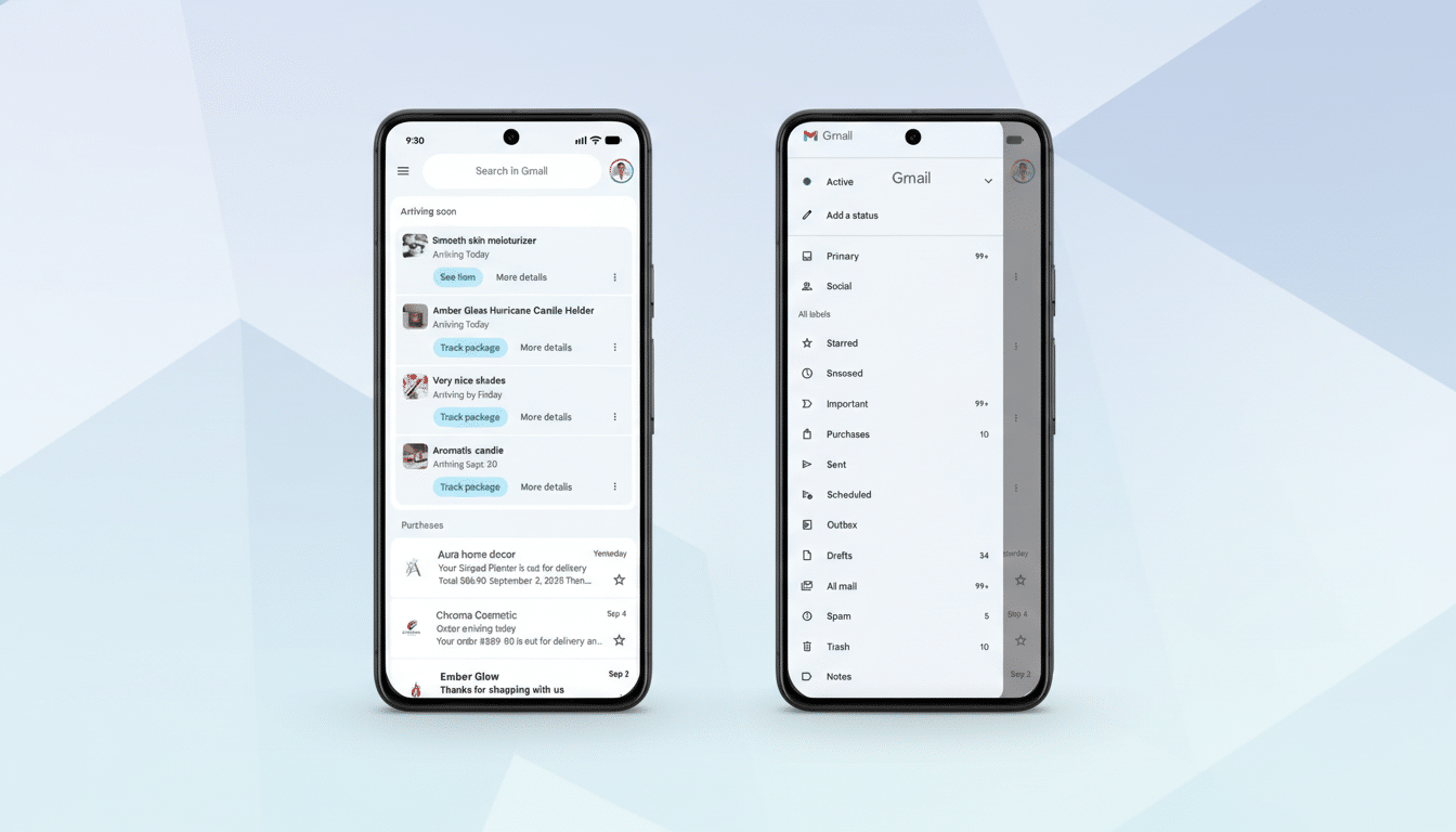 A professional image displaying two smartphones with a Gmail interface. The left phone shows an inbox with package tracking information, while the rig