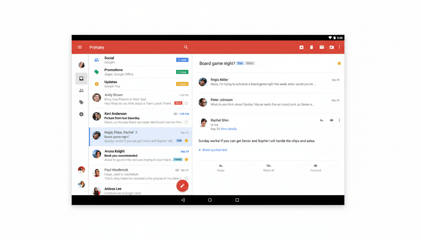 A professional enhancement of the Gmail interface on a tablet, presented with a clean white background. Filename : gmail tabletinterface professionalenh ancement.png