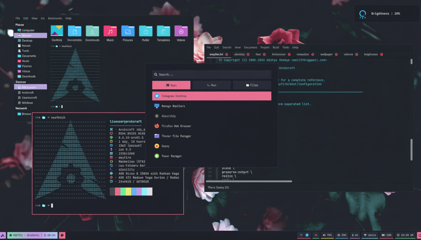 A screenshot of a desktop environment with multiple open windows, displaying system information, file manager, and application launcher, all against a