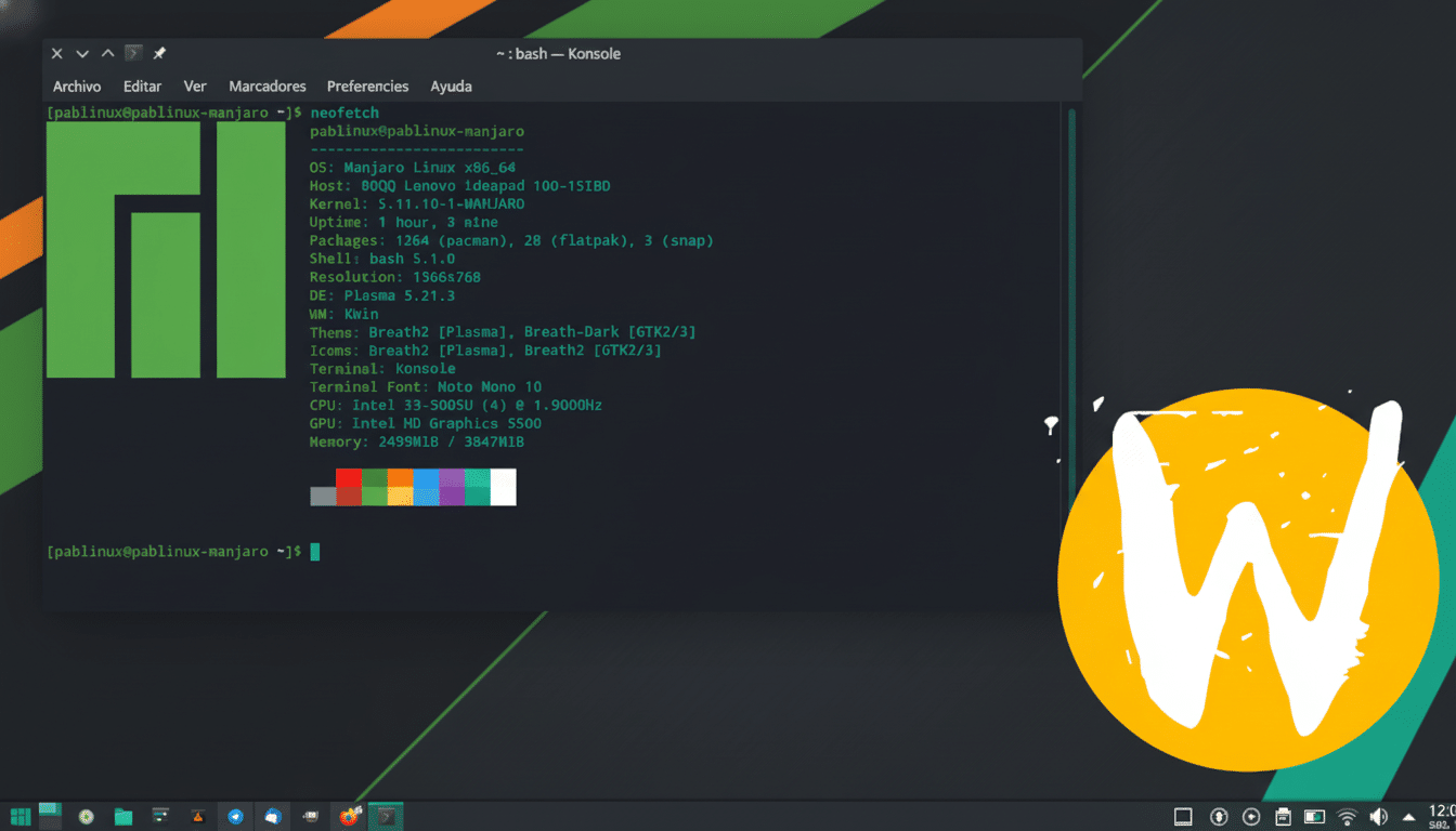 A desktop screenshot of a Man jaro Linux system running neofetch in a Konsole terminal, showing system information and a custom wallpaper.