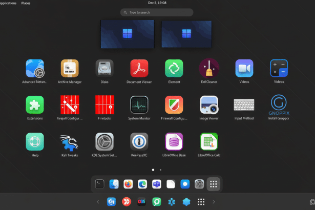 A professional screenshot of a Linux desktop environment with various application icons displayed on a dark background. The aspect ratio has been adjusted to 16:9 , maintaining the original background. Filename : linux desktopapplications . png