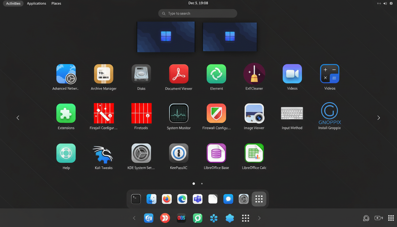 A professional screenshot of a Linux desktop environment with various application icons displayed on a dark background. The aspect ratio has been adjusted to 16:9 , maintaining the original background. Filename : linux desktopapplications . png