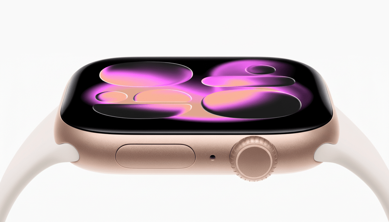 A close -up, side view of a gold Apple Watch with a white band, displaying a vibrant, abstract purple and orange watch face.