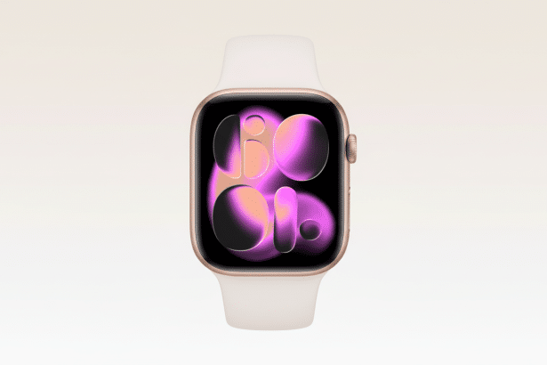 A gold Apple Watch with a white band, displaying a vibrant abstract purple and orange watch face, against a soft, gradient background.