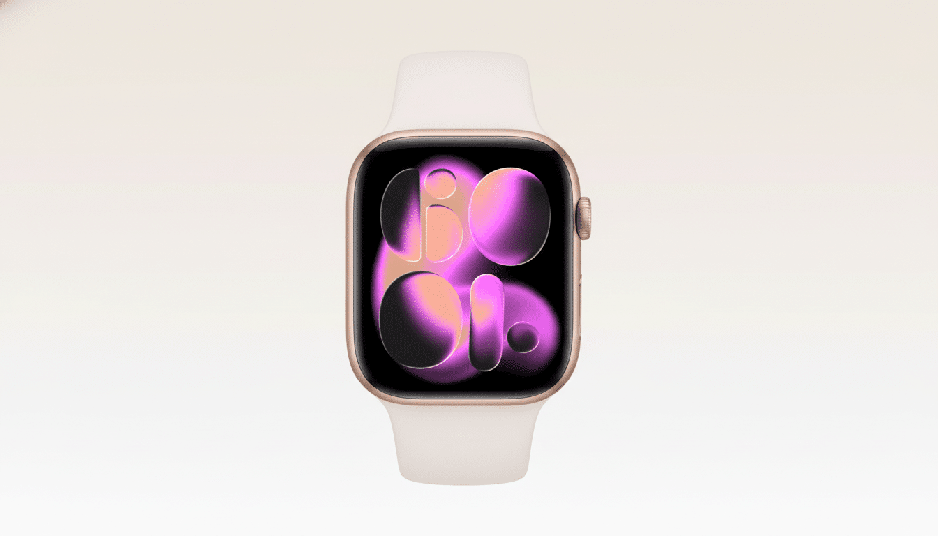 A gold Apple Watch with a white band, displaying a vibrant abstract purple and orange watch face, against a soft, gradient background.