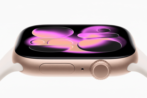 A close-up, professional image of a gold Apple Watch with a white band, displaying an abstract purple and pink design on its screen, set against a pri