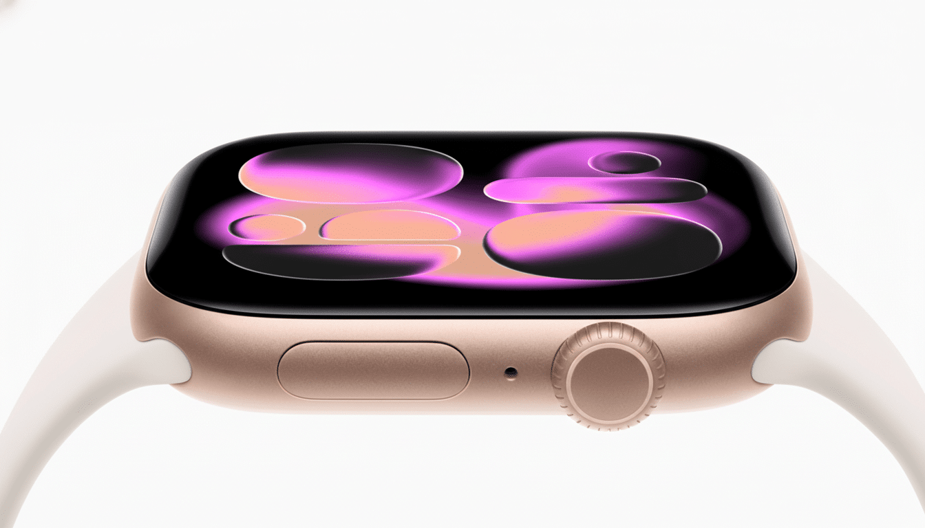 A close-up, professional image of a gold Apple Watch with a white band, displaying an abstract purple and pink design on its screen, set against a pri