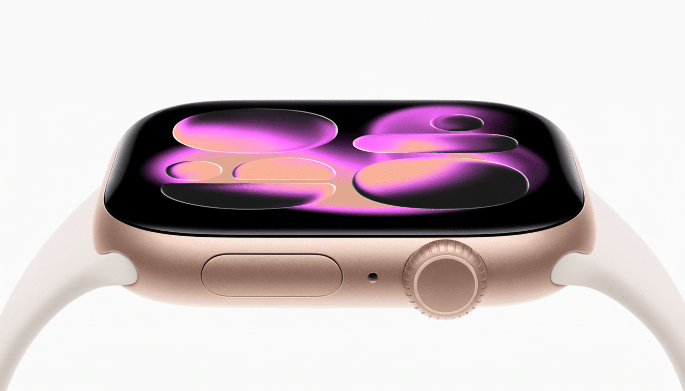 Close -up of a gold Apple Watch with a white band, displaying a vibrant purple and orange abstract watch face, set against a clean white background.