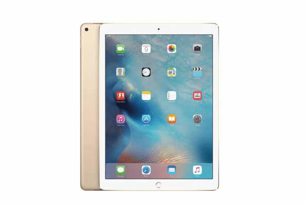 Gold iPad Air 2 displayed at a slight angle on a clean white background, showcasing its home screen with various app icons. Filename : gold ipadair 2professional .png