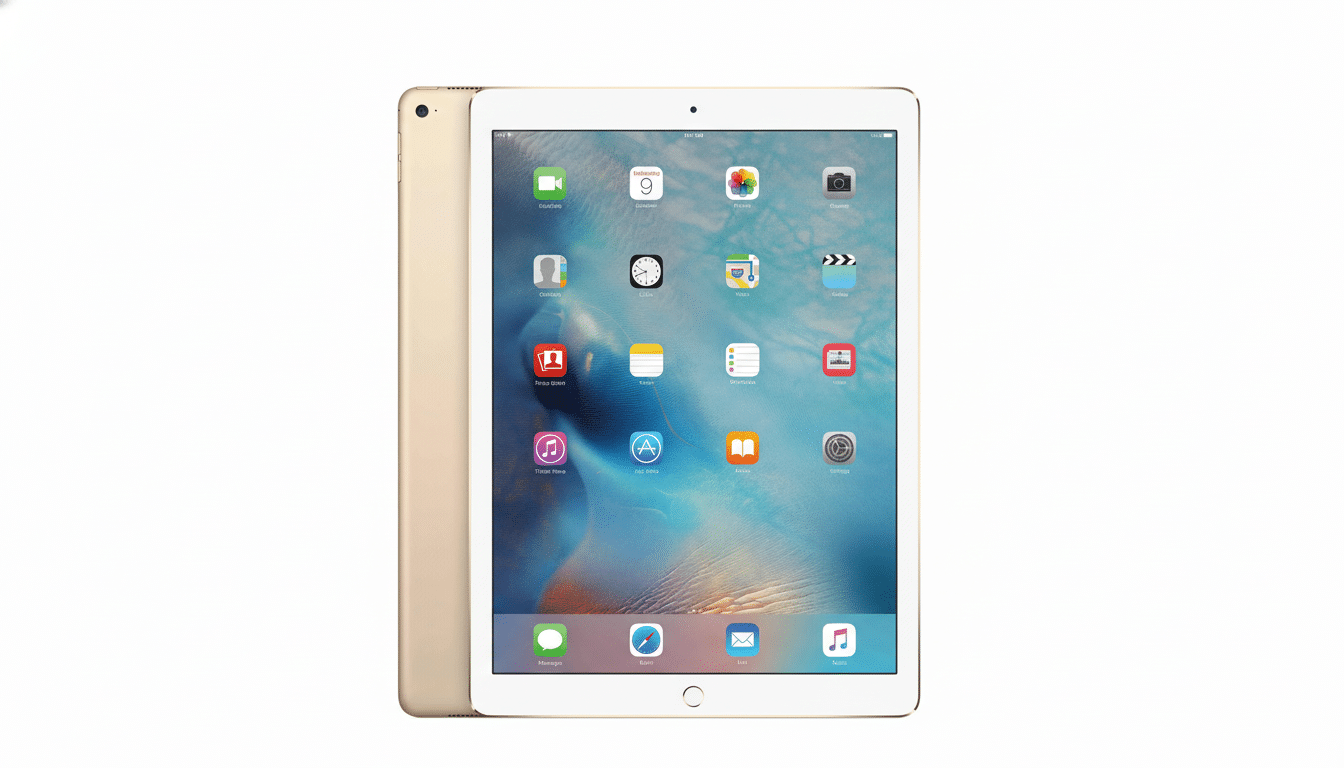 Gold iPad Air 2 displayed at a slight angle on a clean white background, showcasing its home screen with various app icons. Filename : gold ipadair 2professional .png