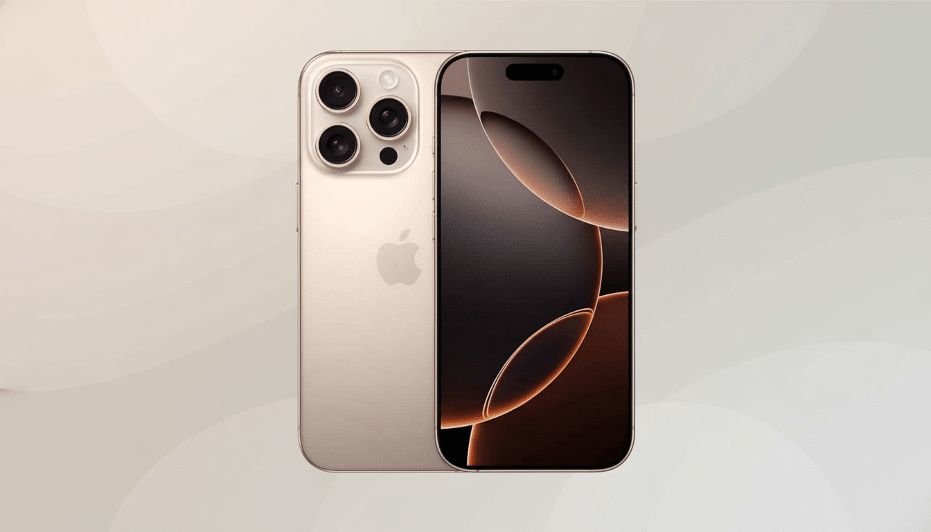 A gold iPhone 15 Pro Max displayed in a 16:9 aspect ratio, with its screen showing a dark background with flowing orange and brown abstract shapes, presented against a professional flat design background with subtle , light beige gradients and soft patterns.