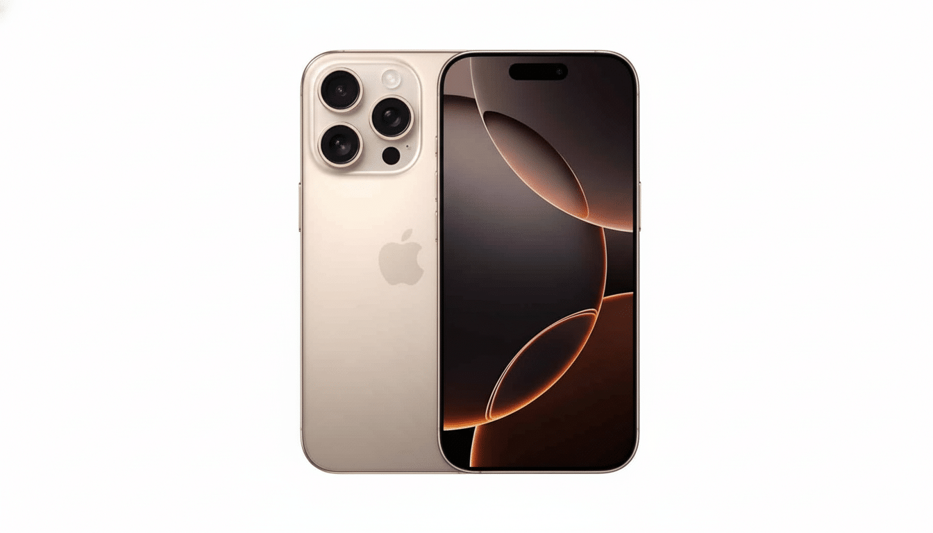 A gold iPhone with its back and screen visible, showcasing the camera lenses and a dynamic wallpaper, set against a white background.