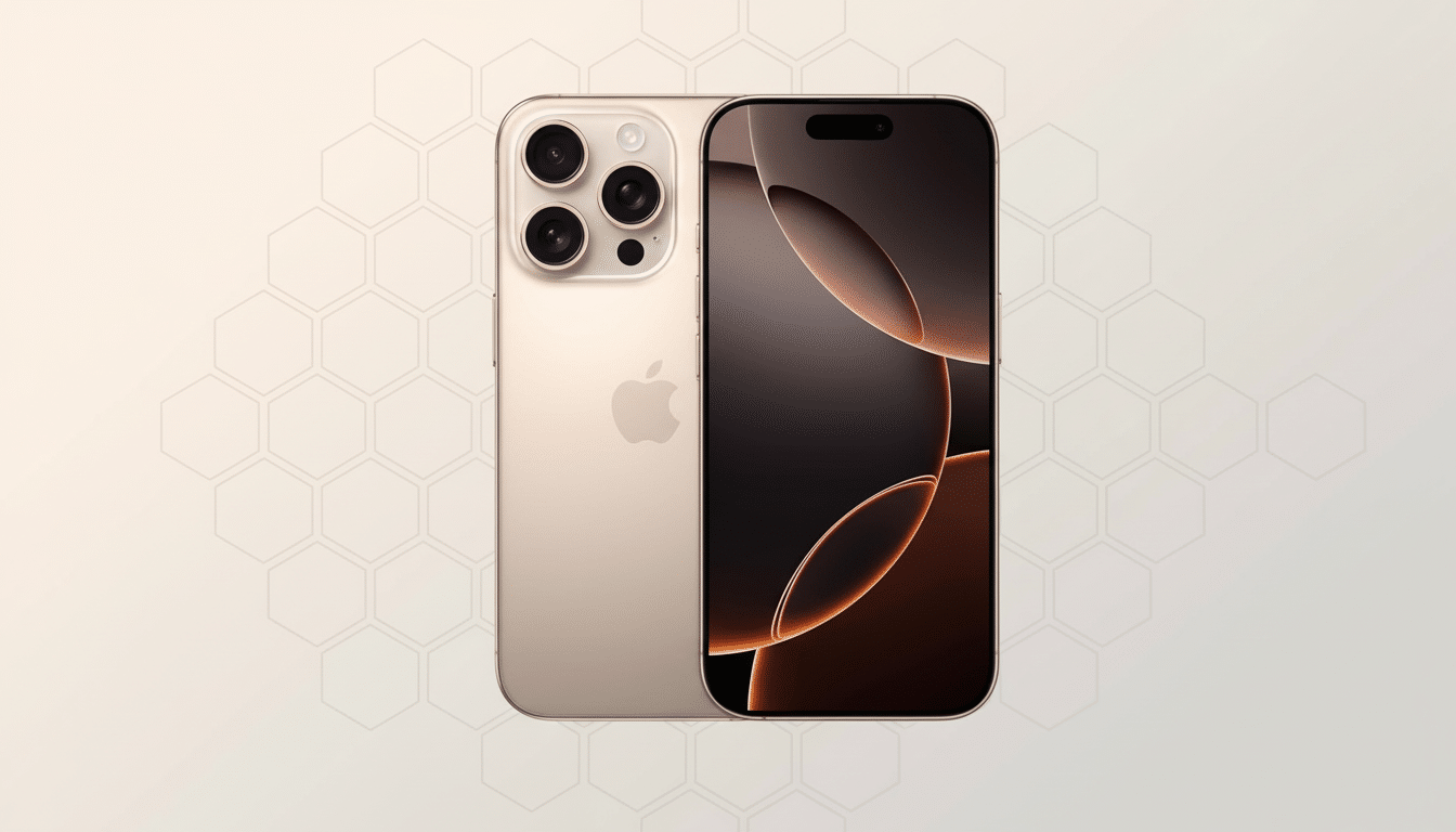 A gold iPhone with its front and back visible , positioned against a light beige background with a subtle hexagonal pattern. The screen displays a dark wallpaper with abstract orange and black shapes. Filename : gold iphoneprofessional background.png