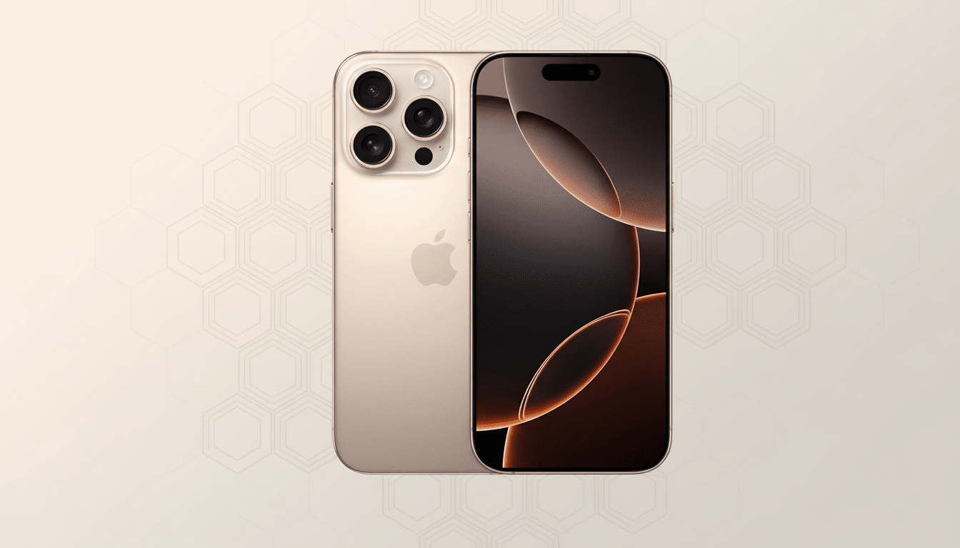 A gold iPhone with its front and back visible, positioned against a professional soft patterned gradient background in 16: 9 aspect ratio.