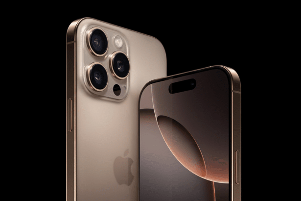 Two gold iPhones, one facing backwards showing the camera lenses and Apple logo, and the other facing forwards showing the screen, set against a dark