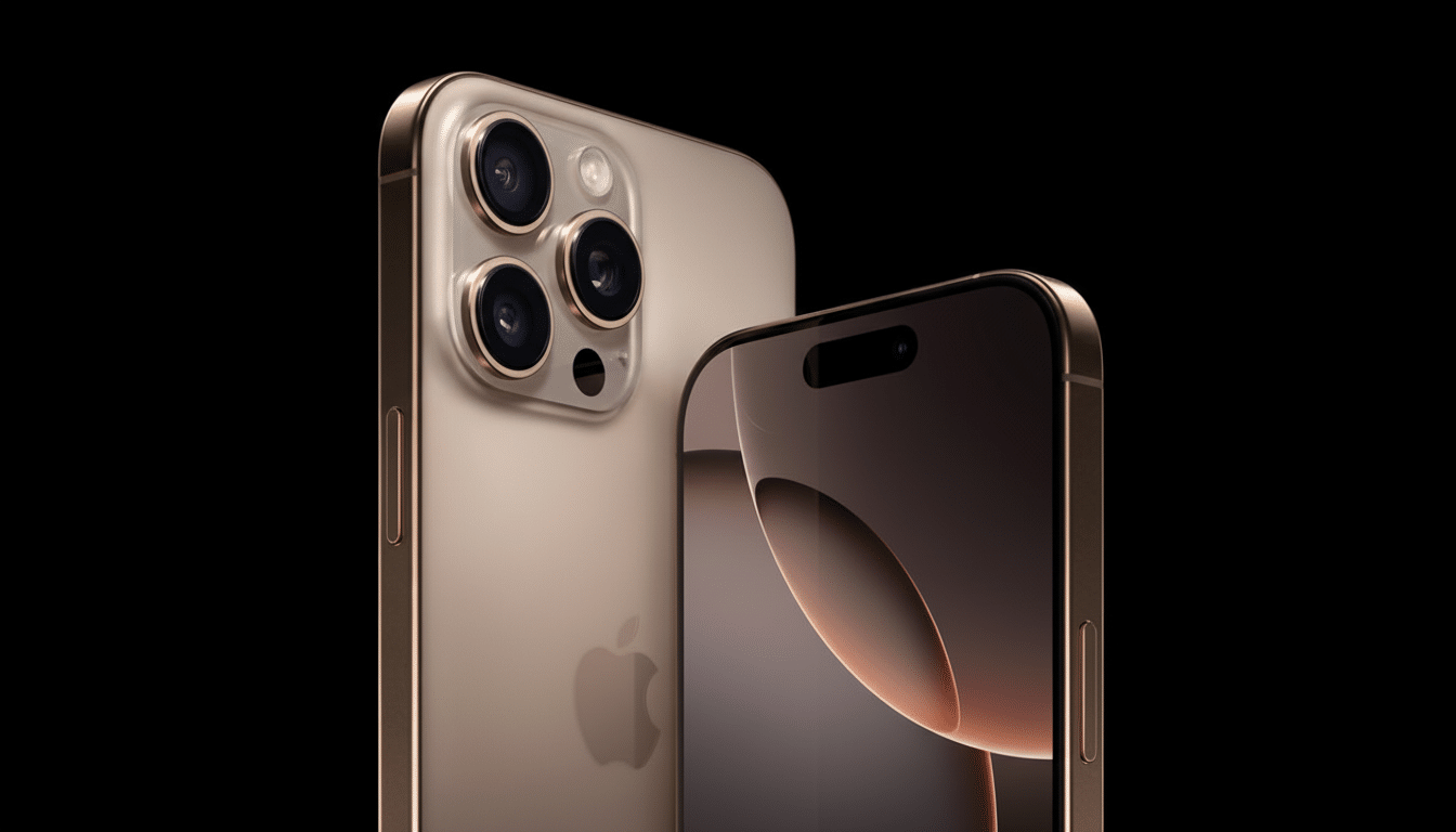 Two gold iPhones, one facing backwards showing the camera lenses and Apple logo, and the other facing forwards showing the screen, set against a dark