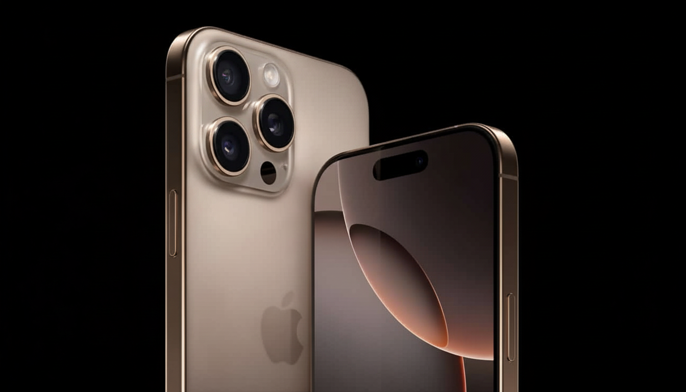 Two gold iPhones, one seen from the back showcasing the camera array and Apple logo, and the other from the front displaying its screen, both set agai