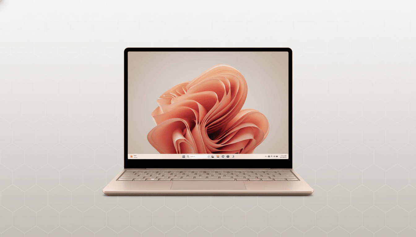 A gold laptop with a coral - colored, abstract floral background on the screen, set against a subtle gray geometric pattern.
