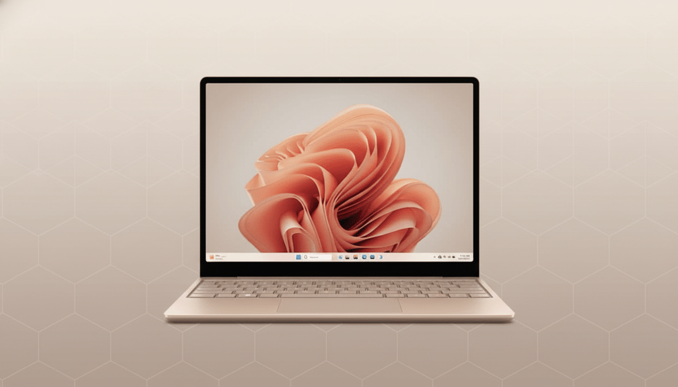 A gold laptop with a pink, flowing wallpaper on its screen, set against a subtle, professional background with soft geometric patterns.