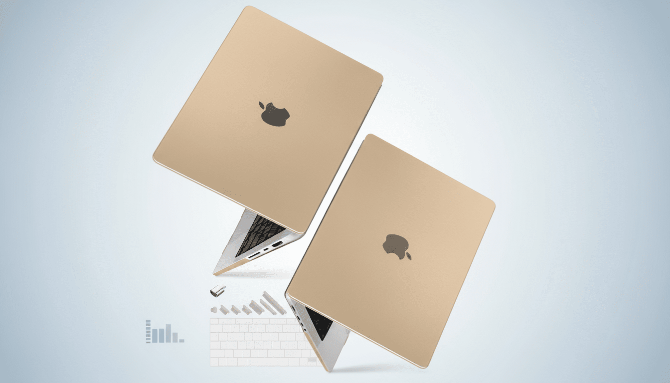 Two gold- colored laptops with the Apple logo on their covers, presented at an angle on a light gray background with subtle graphic elements .