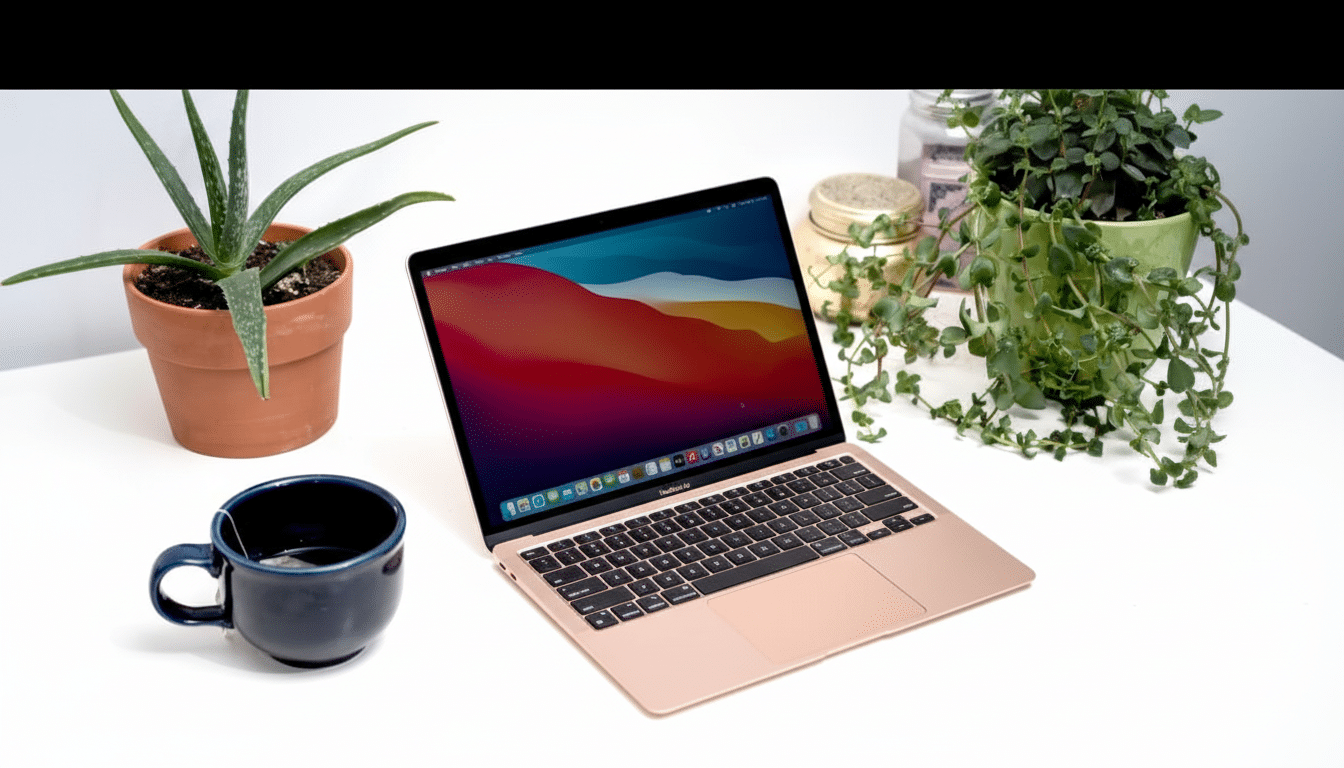 A gold MacBook Air on a white desk next to a dark blue mug, an aloe plant, and a potted trailing plant, with the screen displaying a colorful abstract