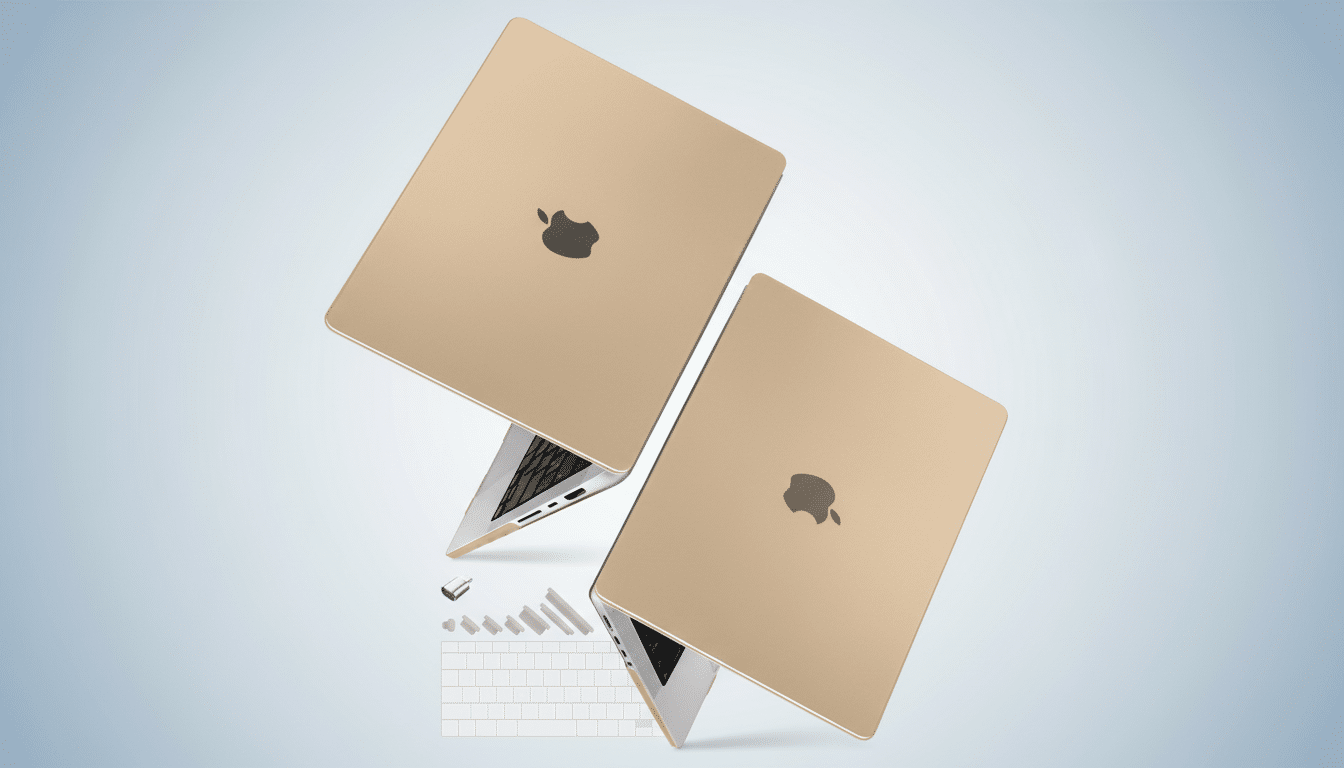 Two golden laptops with the Apple logo on the back, shown at an angle against a light blue gradient background with subtle abstract shapes. Filename : goldenl aptopsprofessional .png