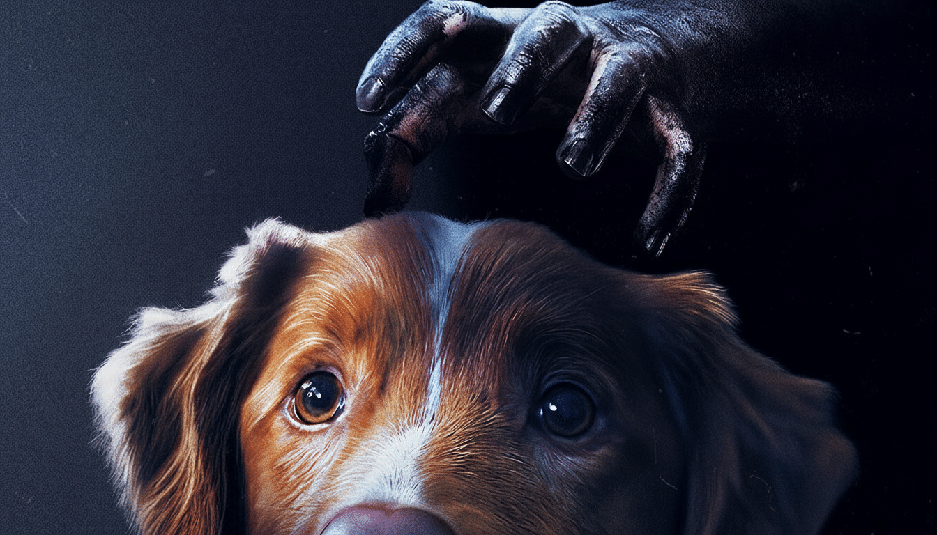 A dark, textured hand gently touching the head of a brown and white dog looking up with wide eyes against a dark background.