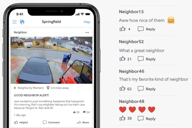 A mobile phone displaying a GOOD NEIGHBOR ALERT ! on a social app , showing a security camera view of a person taking out trash cans in a residential driveway , alongside comments like A ww how nice of them and What a great neighbor.
